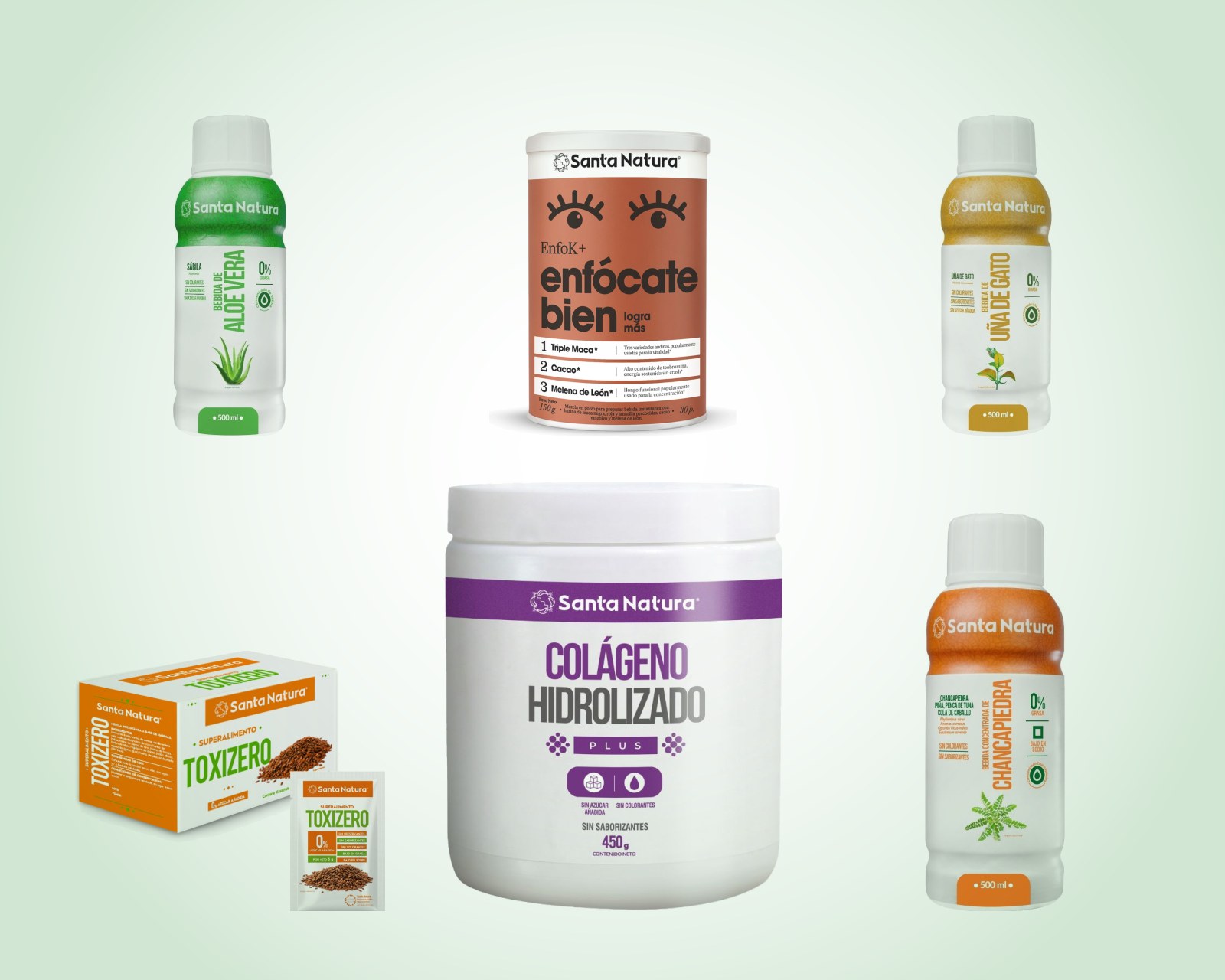 Productos Santa Natura: colágeno hidrolizado, aloe vera, uña de gato, chancapiedra, toxizero y EnfoK+